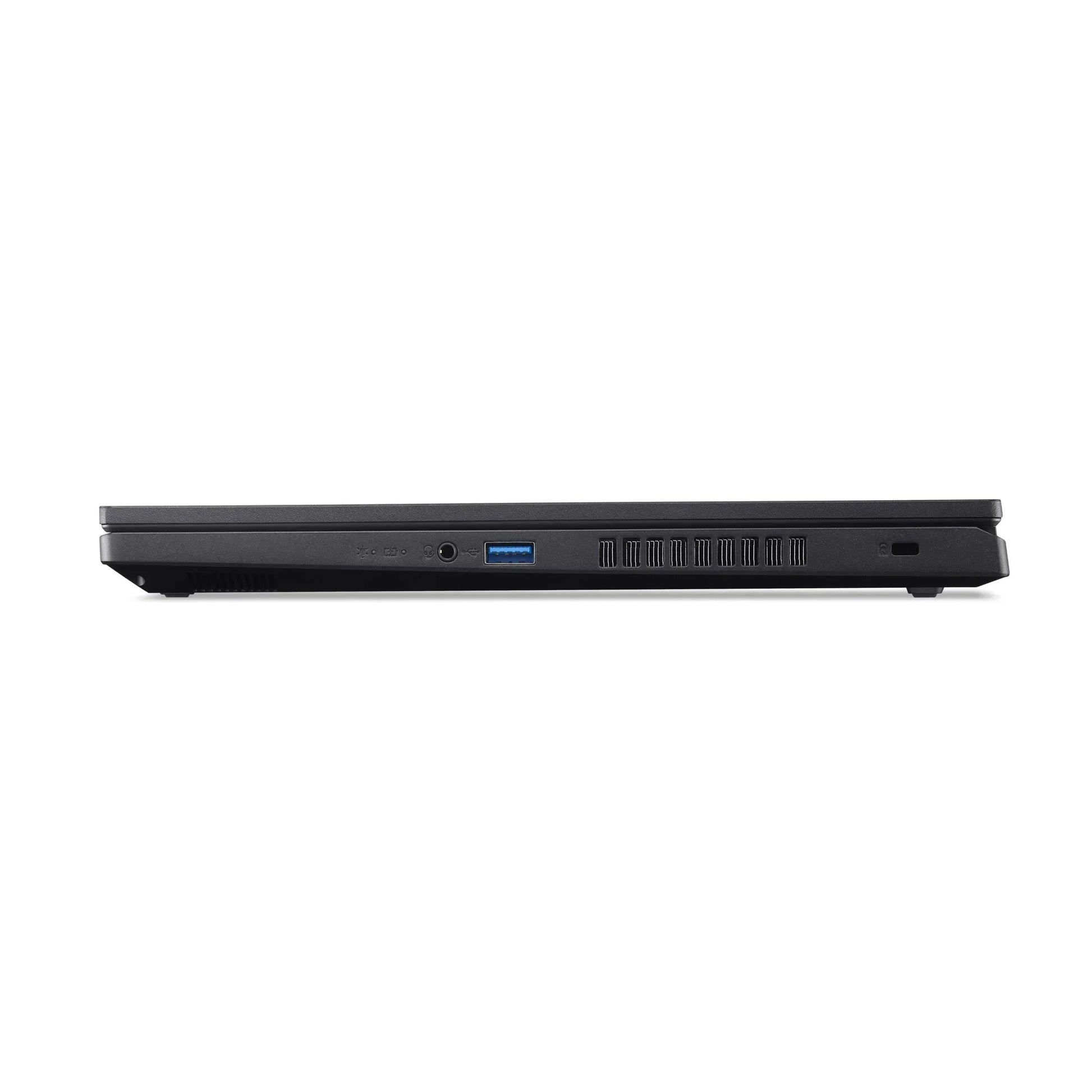 Side view of slim black gaming laptop closed with USB and headphone ports visible