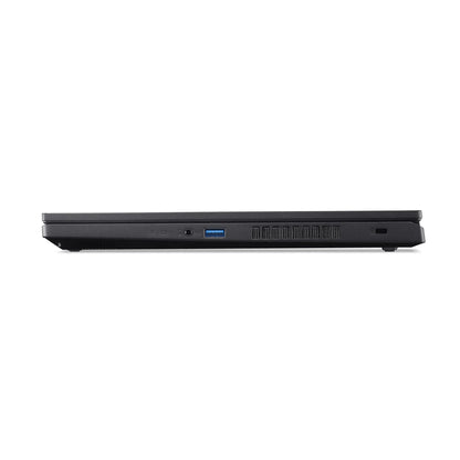 Side view of slim black gaming laptop closed with USB and headphone ports visible