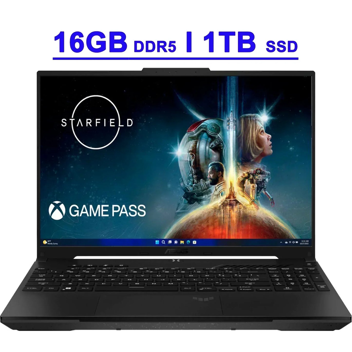 Gaming laptop with Starfield on screen, 16GB DDR5 RAM, 1TB SSD, and Game Pass logo.