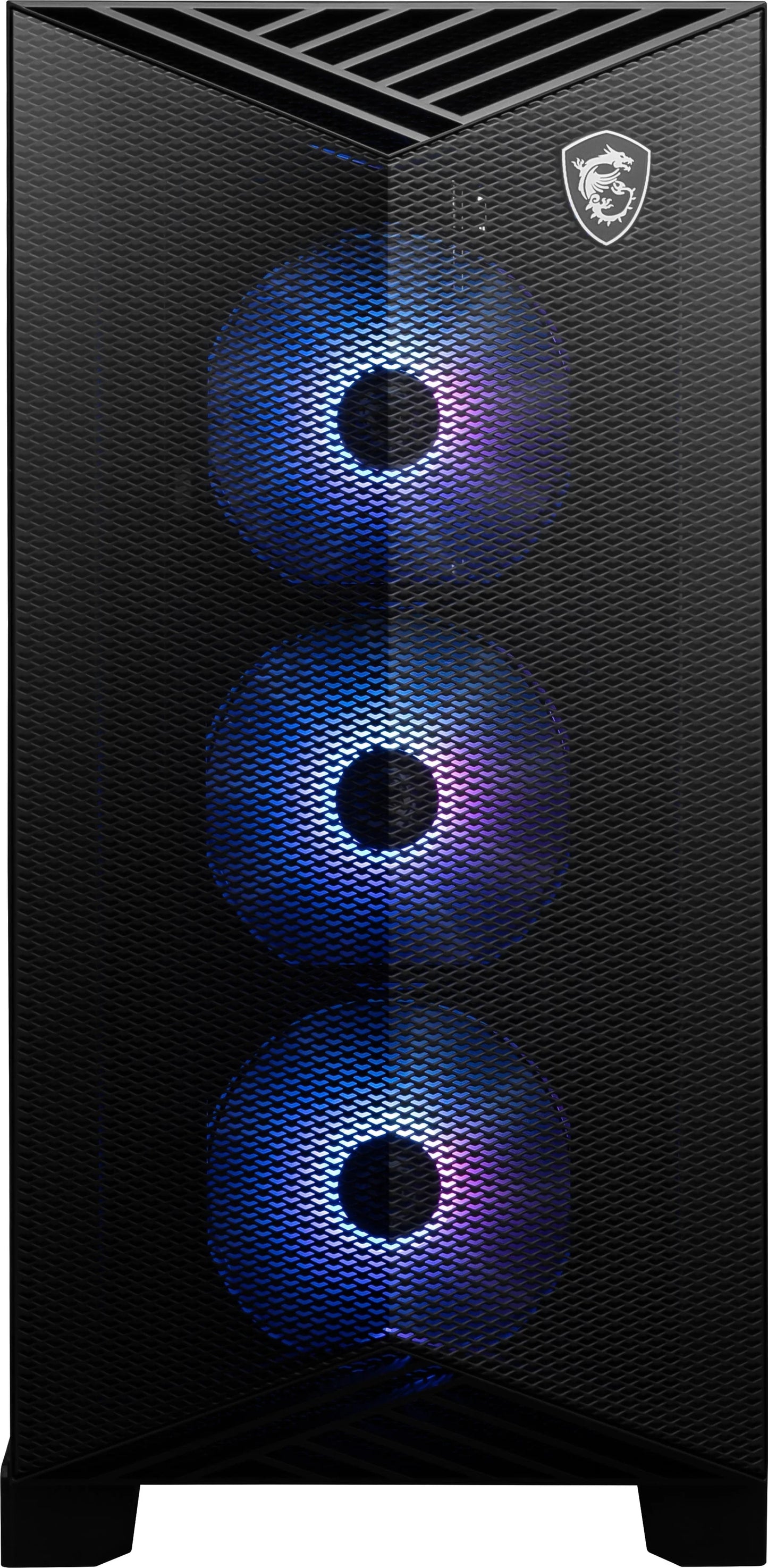 Black gaming PC tower with three front RGB cooling fans glowing blue and purple behind mesh panel