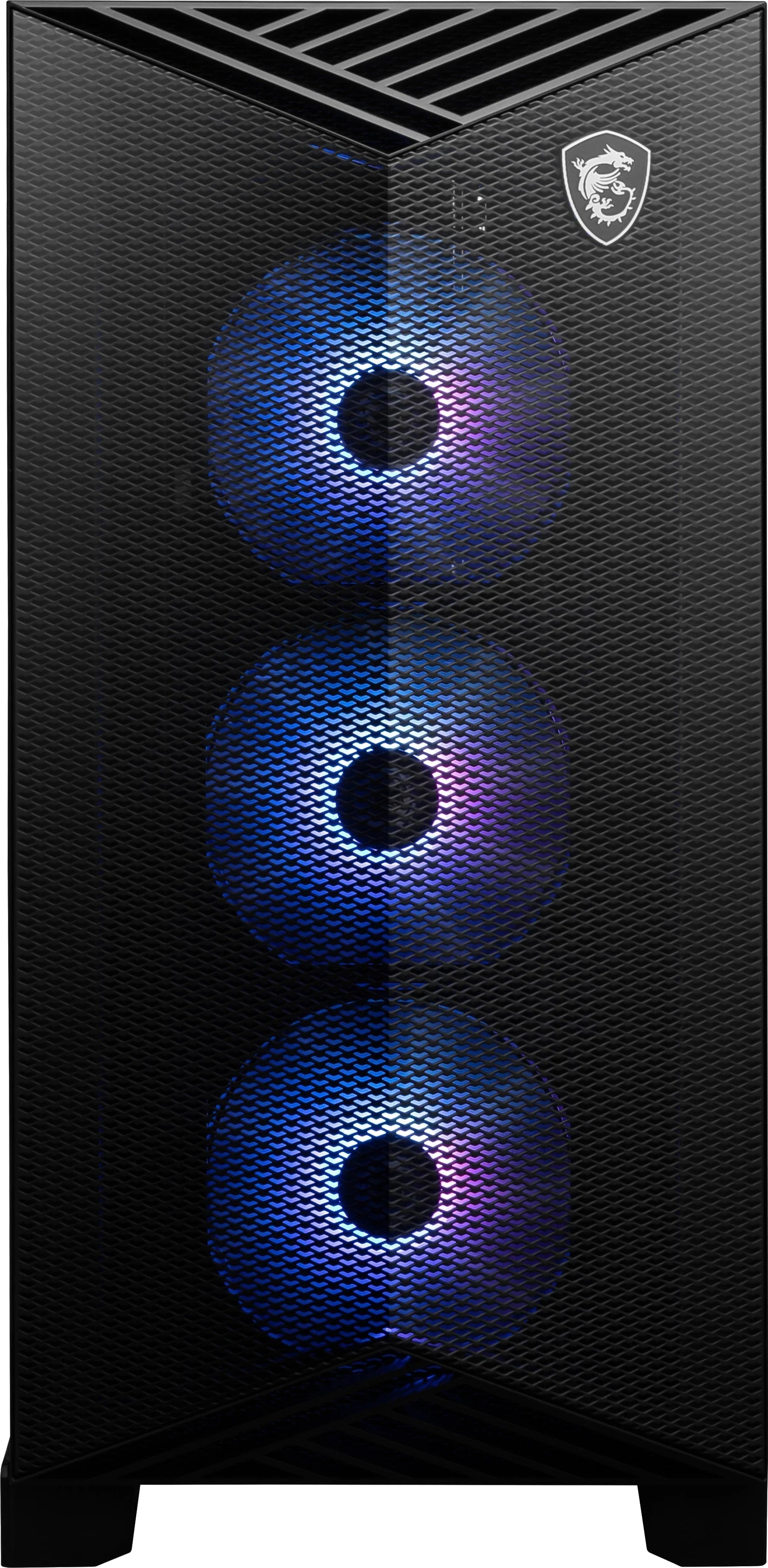 Black gaming PC tower with three front RGB cooling fans glowing blue and purple behind mesh panel