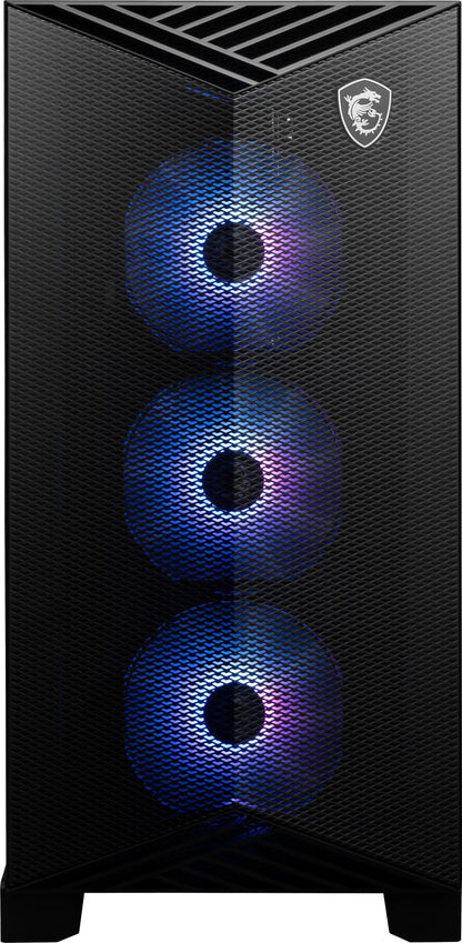 Black gaming PC tower with three front RGB cooling fans glowing blue and purple behind mesh panel