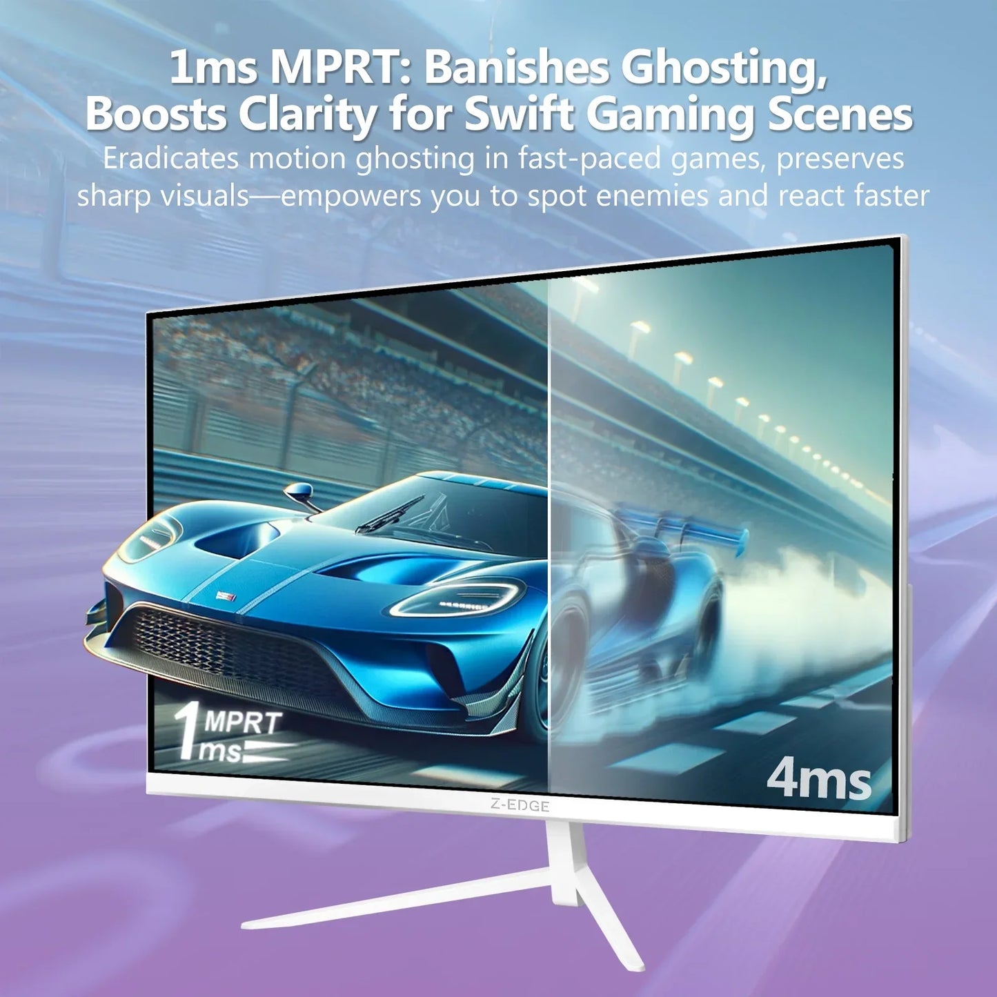 Gaming monitor comparison showing 1ms MPRT motion clarity versus 4ms blur with a blue race car on track