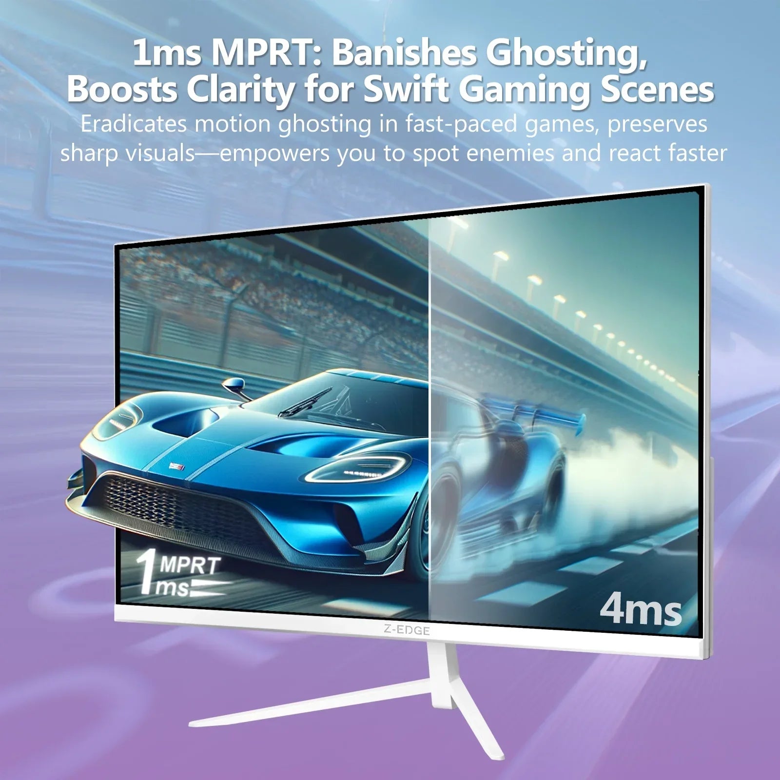 Gaming monitor comparison showing 1ms MPRT motion clarity versus 4ms blur with a blue race car on track