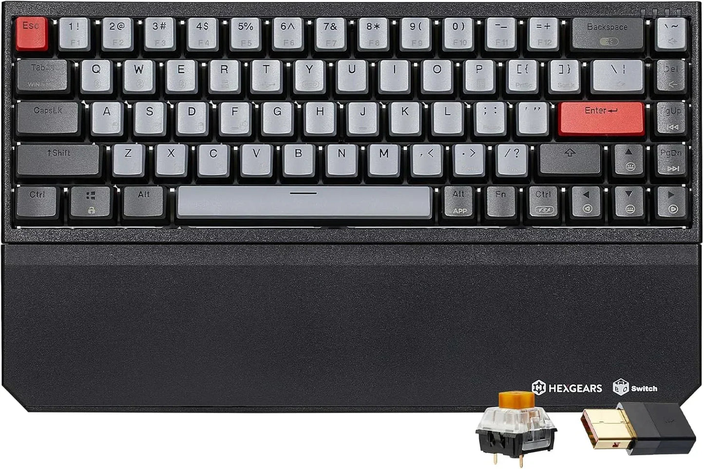 Hexgears retro mechanical keyboard with red and gray keycaps, wrist rest, and gaming switch