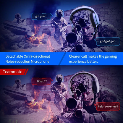 Split image of two soldiers in tactical gear and headsets during a gaming scene with a tank and fire, highlighting detachable omni-directional noise-reduction microphone for clearer communication
