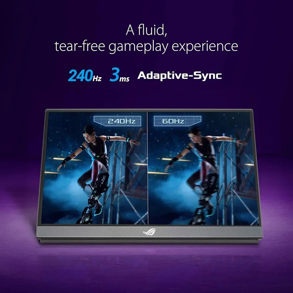 Gaming monitor displaying fluid gameplay comparison between 240Hz and 60Hz with Adaptive-Sync and 3ms response