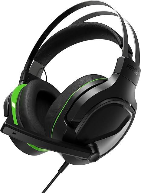 Wired black and green gaming headset with padded ear cups and adjustable microphone