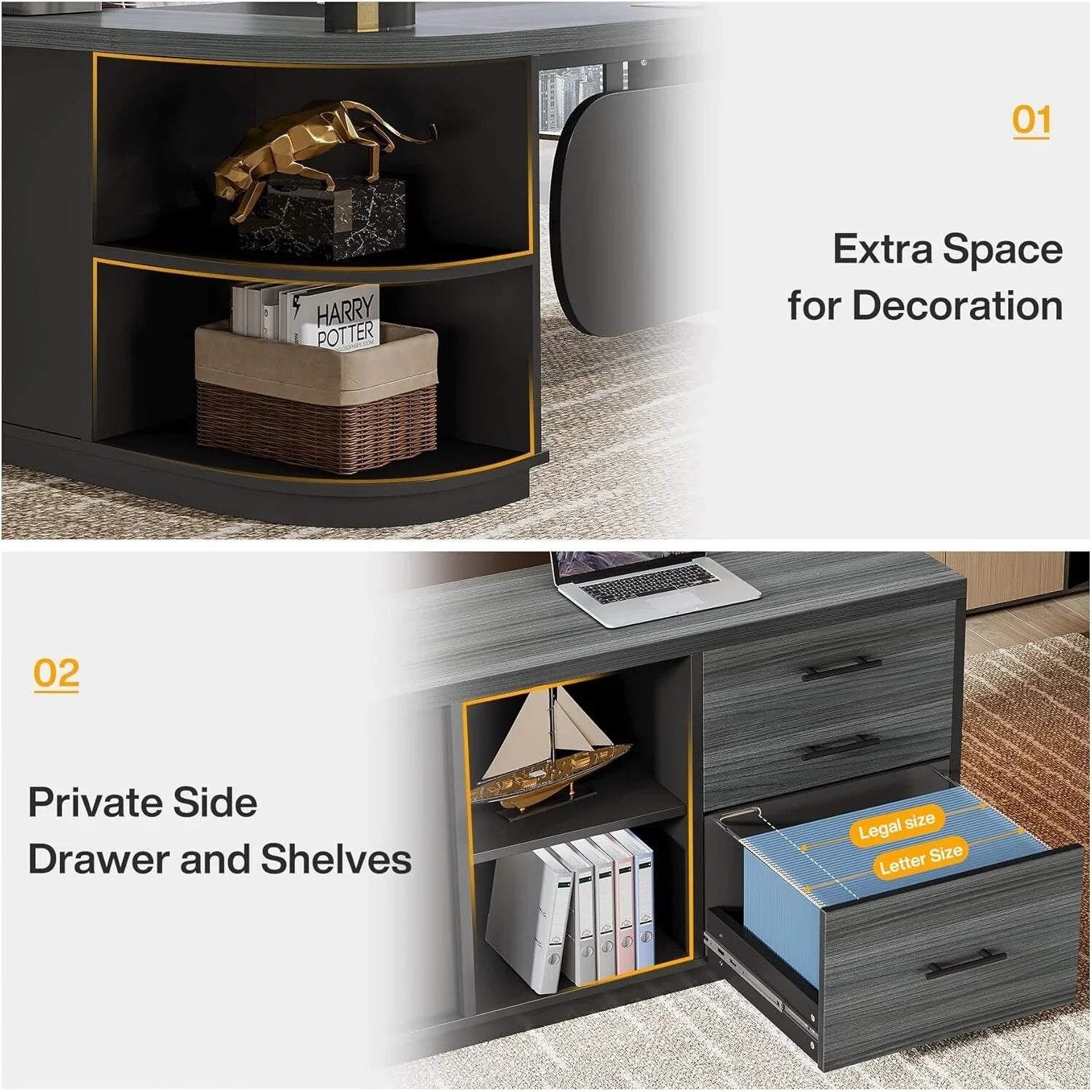80 Inches Executive Desk, L-Shaped Office Desk with 55 Inches Cabine