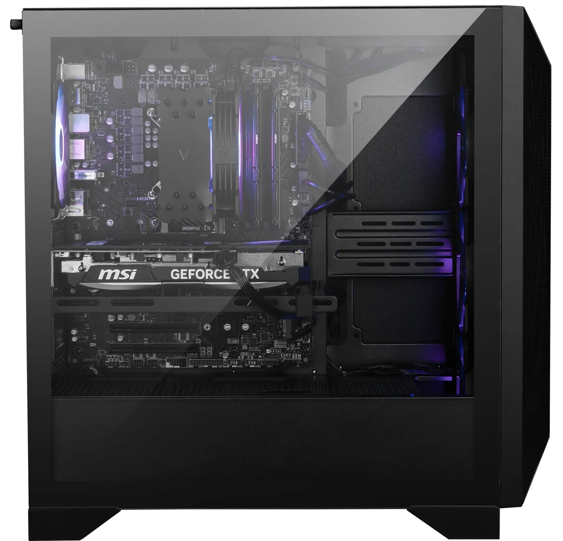 Gaming PC with MSI GeForce RTX graphics card, RGB cooling fan, and transparent side panel