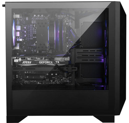 Gaming PC with MSI GeForce RTX graphics card, RGB cooling fan, and transparent side panel
