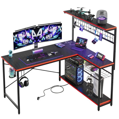 51 L Shaped Gaming Desk with Power Outlets, LED Workstation with 4 Tiers Shelves for Home Office, Gamer Reversible Table with Hooks and Cup Holder, Black Carbon Fiber