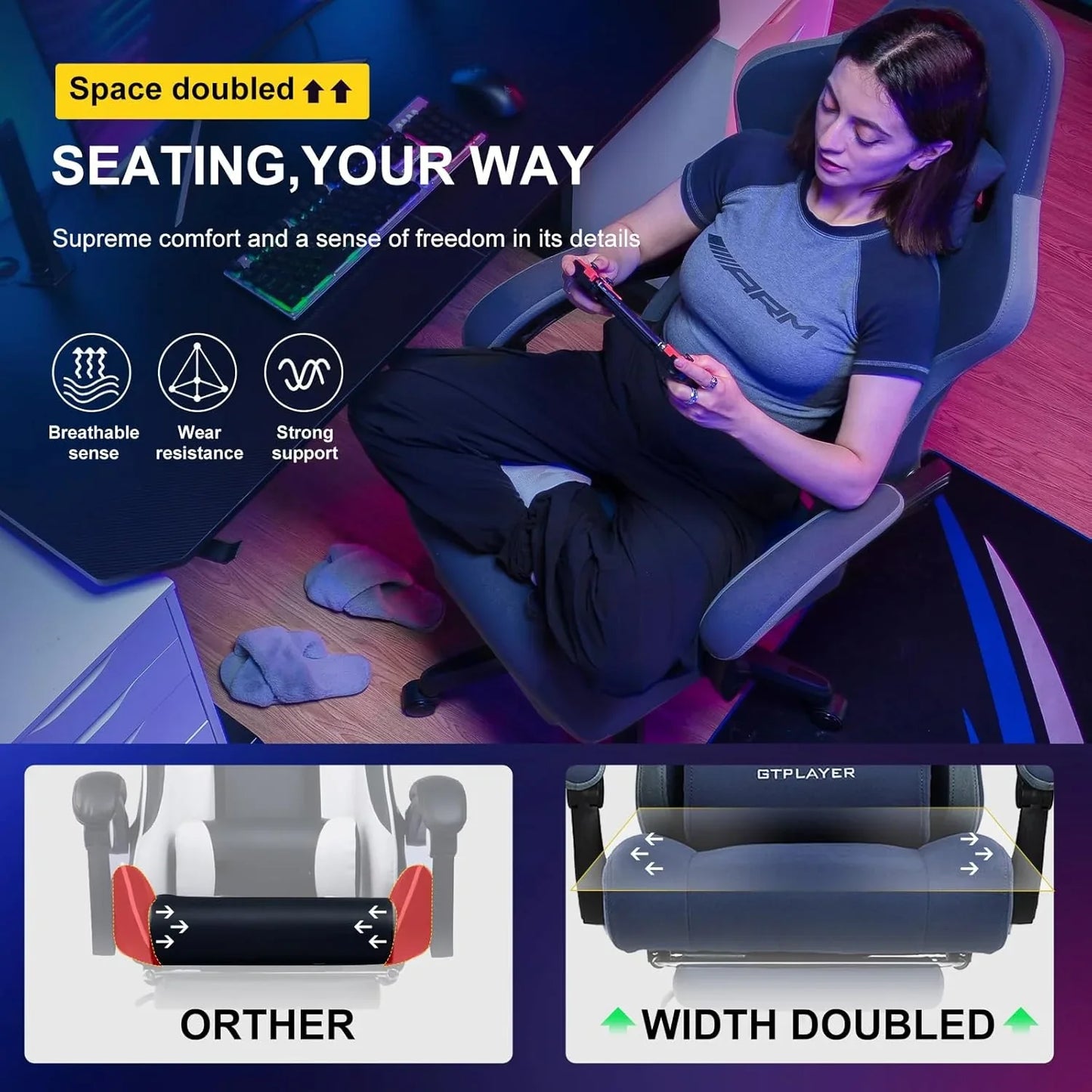 Woman sitting comfortably on a GTPLAYER gaming chair with doubled seating width and breathable design