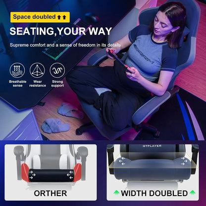 Woman sitting comfortably on a GTPLAYER gaming chair with doubled seating width and breathable design