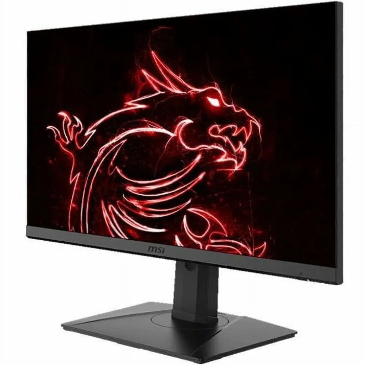 MSI gaming monitor displaying a red glowing dragon emblem on black background, sleek black stand