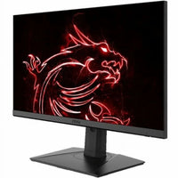 MSI gaming monitor displaying a red glowing dragon emblem on black background, sleek black stand