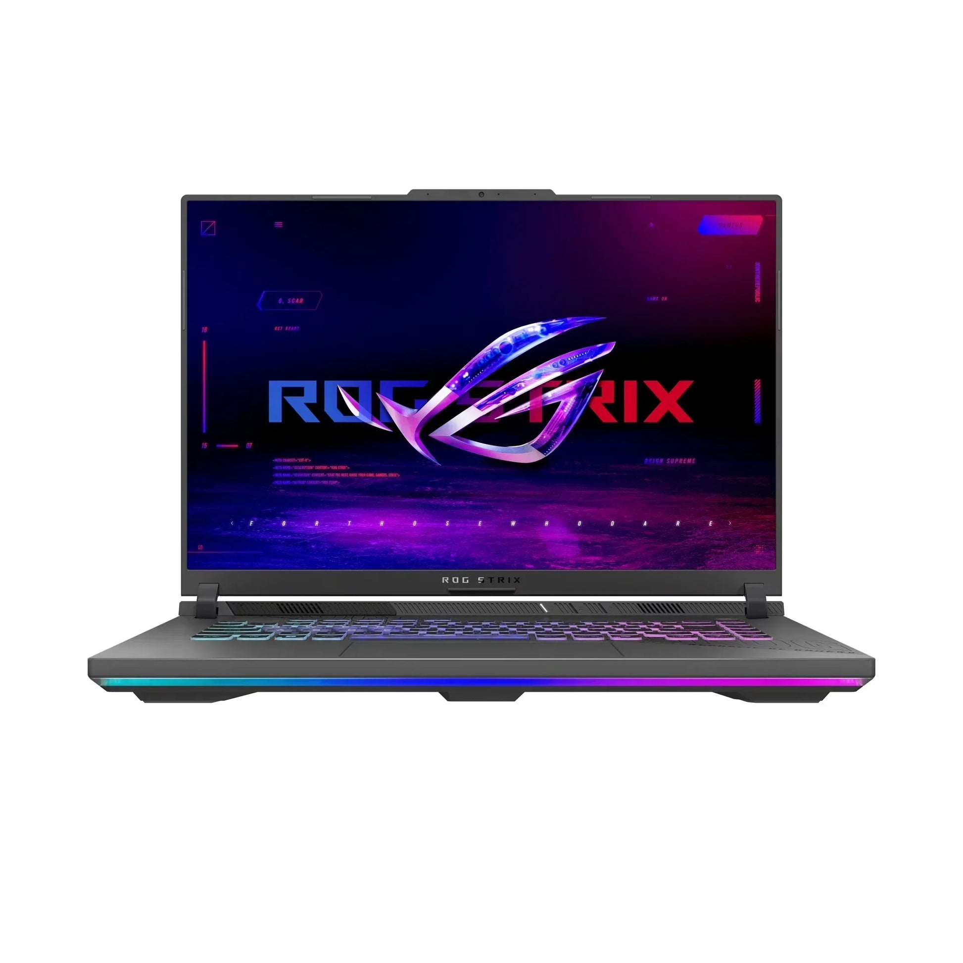Gaming laptop with RGB keyboard and ROG Strix logo on screen