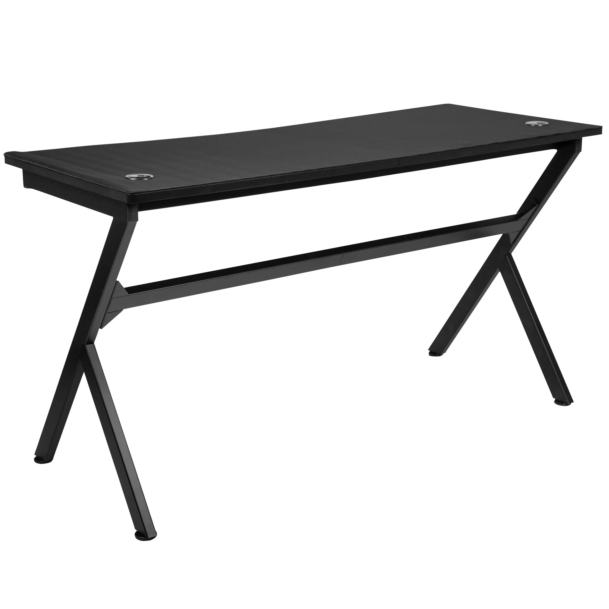 Modern black gaming desk with metal X-shaped legs and cable management holes