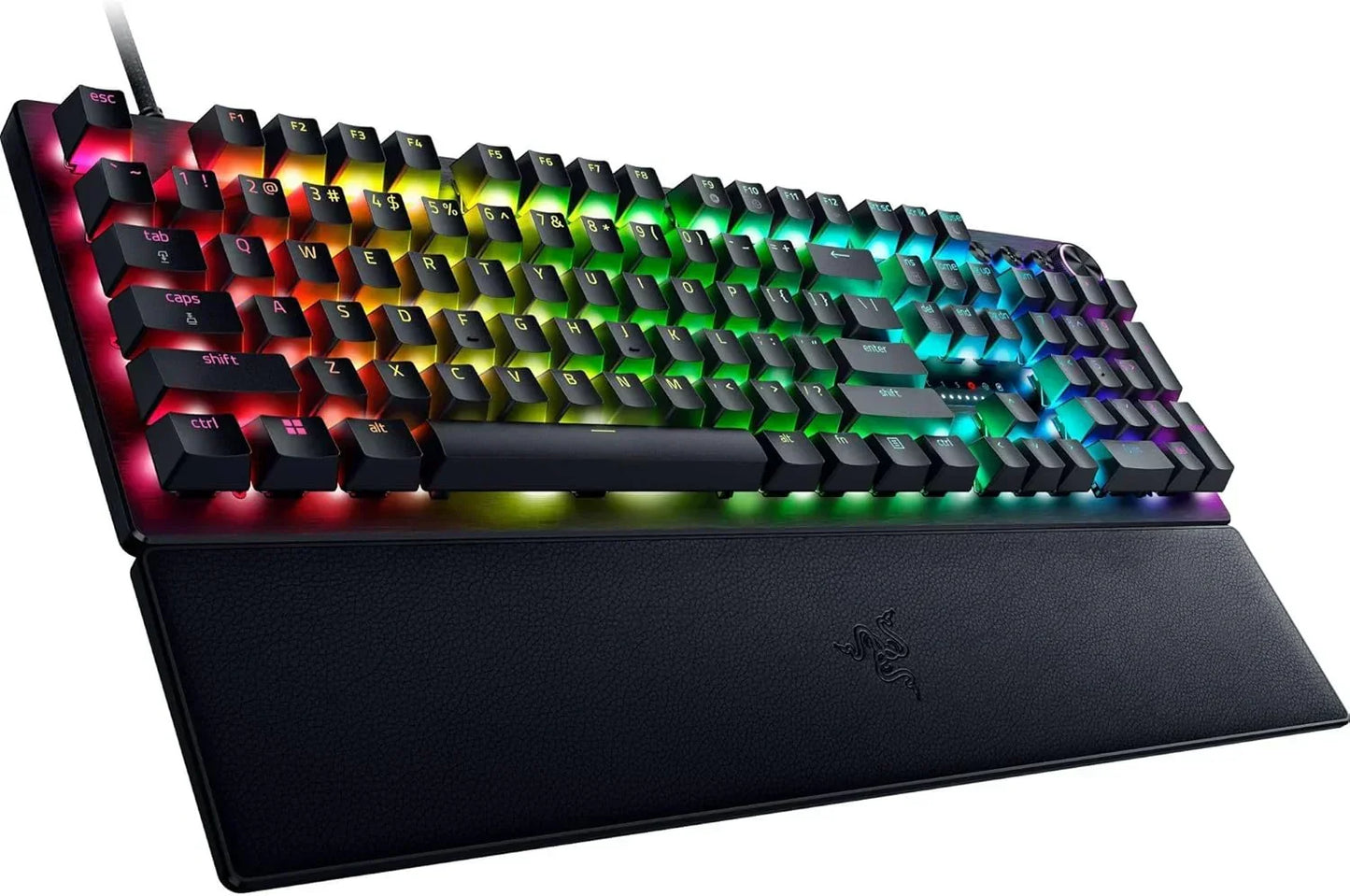 RGB gaming keyboard with wrist rest, mechanical keys, and colorful backlighting on white background