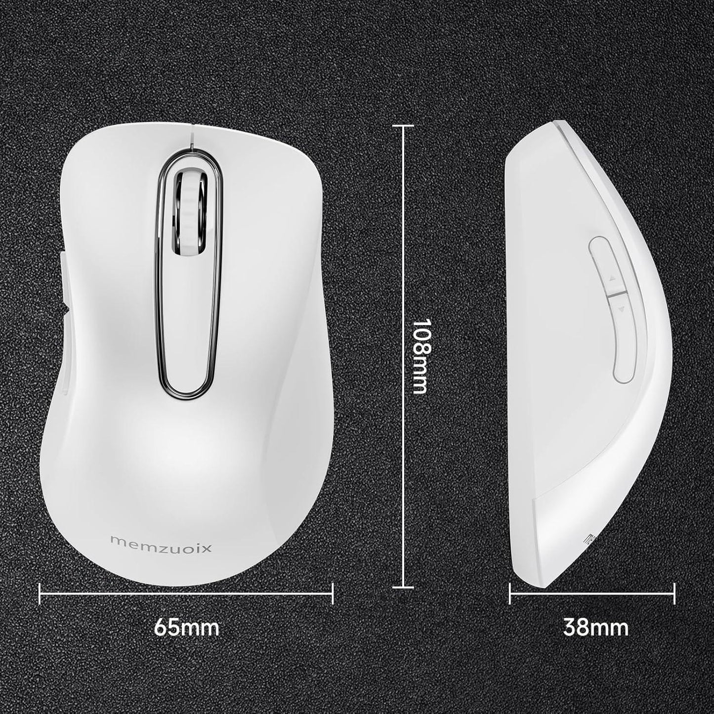 White ergonomic wireless mouse with side buttons, shown with size dimensions: 108mm x 65mm x 38mm.