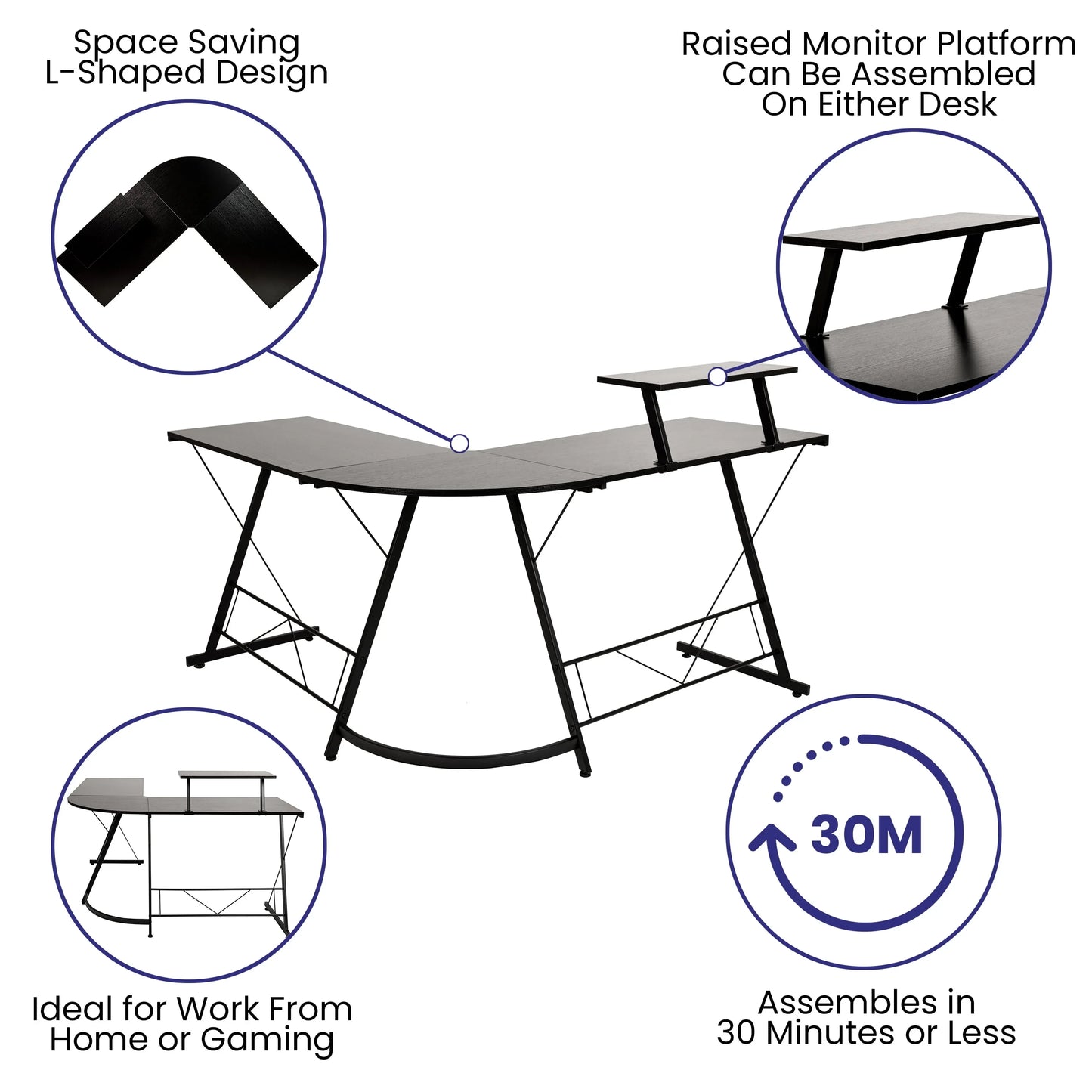 L-shaped black desk with raised monitor platform, space-saving design, ideal for work from home or gaming, easy 30-minute assembly