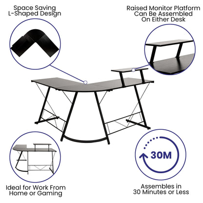 L-shaped black desk with raised monitor platform, space-saving design, ideal for work from home or gaming, easy 30-minute assembly