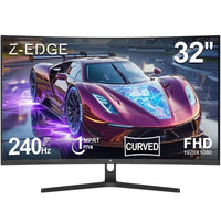 Z-Edge 32-inch curved gaming monitor showing purple sports car with 240Hz refresh rate and 1ms response time