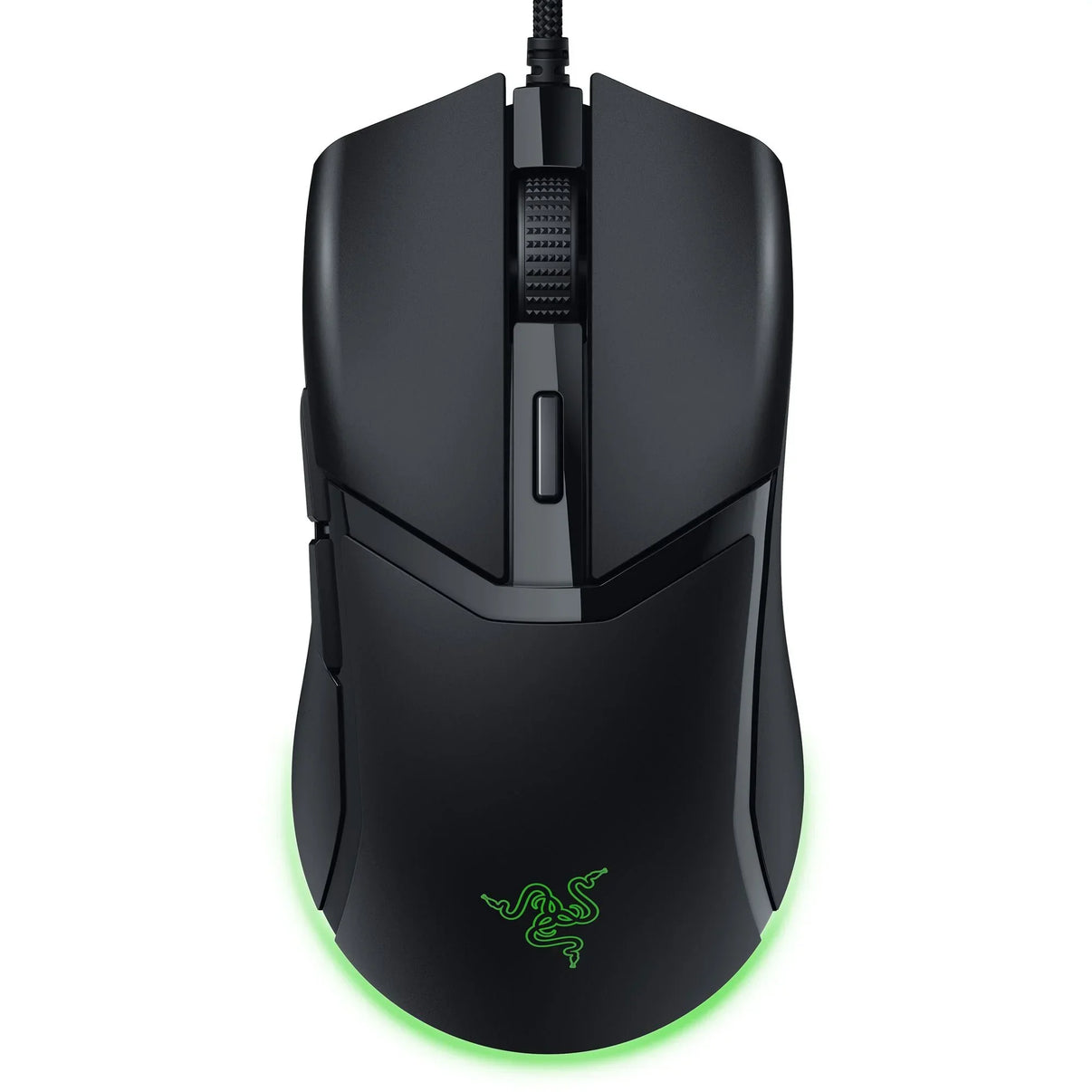 Black wired gaming mouse with green glowing Razer logo and scroll wheel on white background
