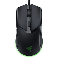 Black wired gaming mouse with green glowing Razer logo and scroll wheel on white background