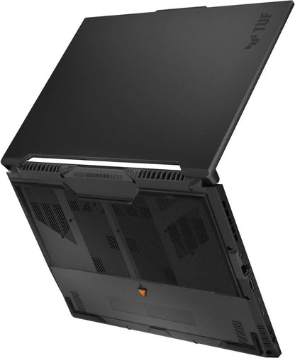 Black gaming laptop viewed from the back showing cooling vents and TUF logo