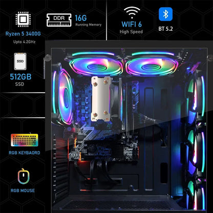 Gaming PC Computer Desktop, AMD Ryzen 5 3400G up to 4.2Ghz, 16G DDR4, 512G SSD, Wifi 6 & BT 5.2, RGB Fan X6, Windows 11 Home