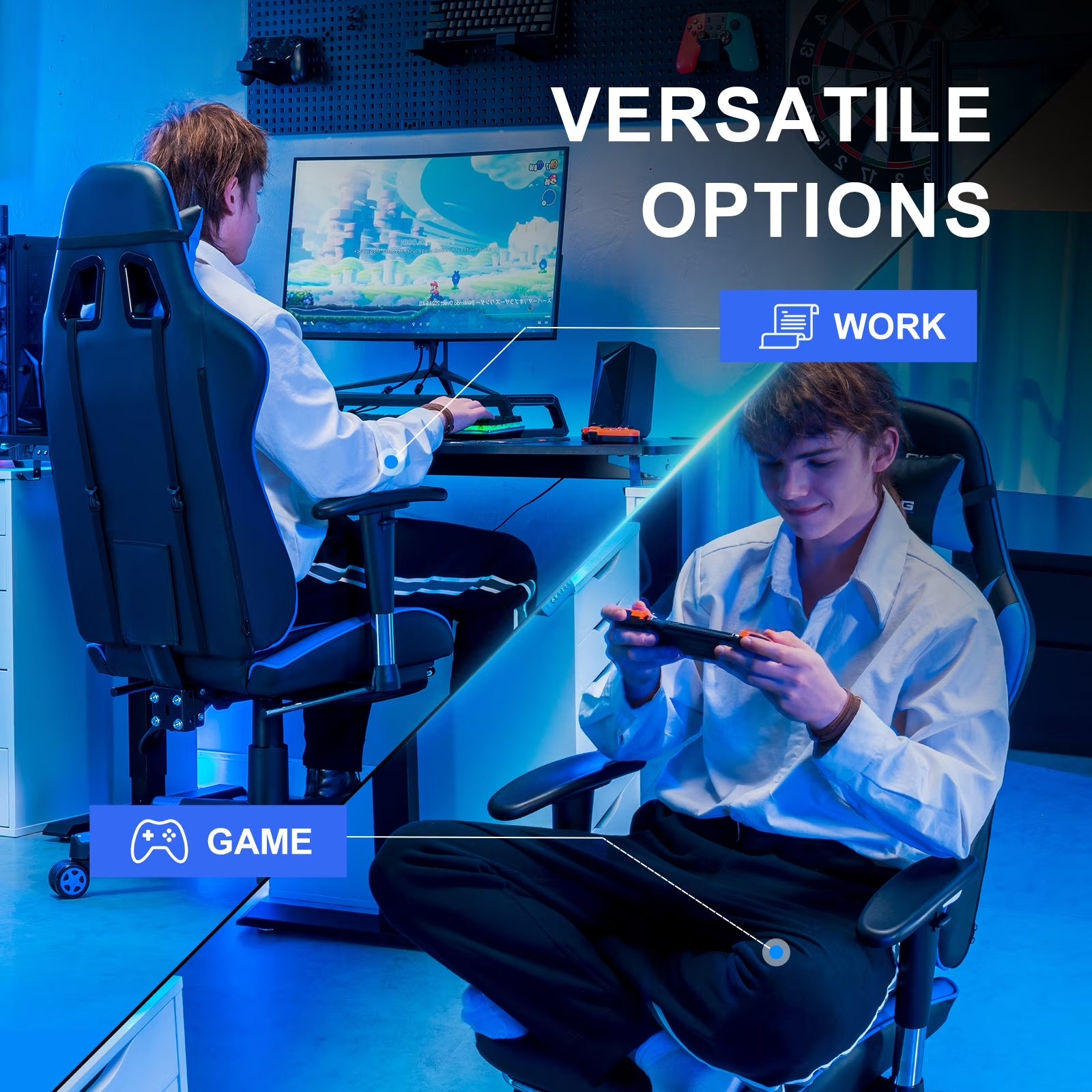 Gaming chair for work and play, ergonomic design with blue LED lighting, perfect for gamers and professionals