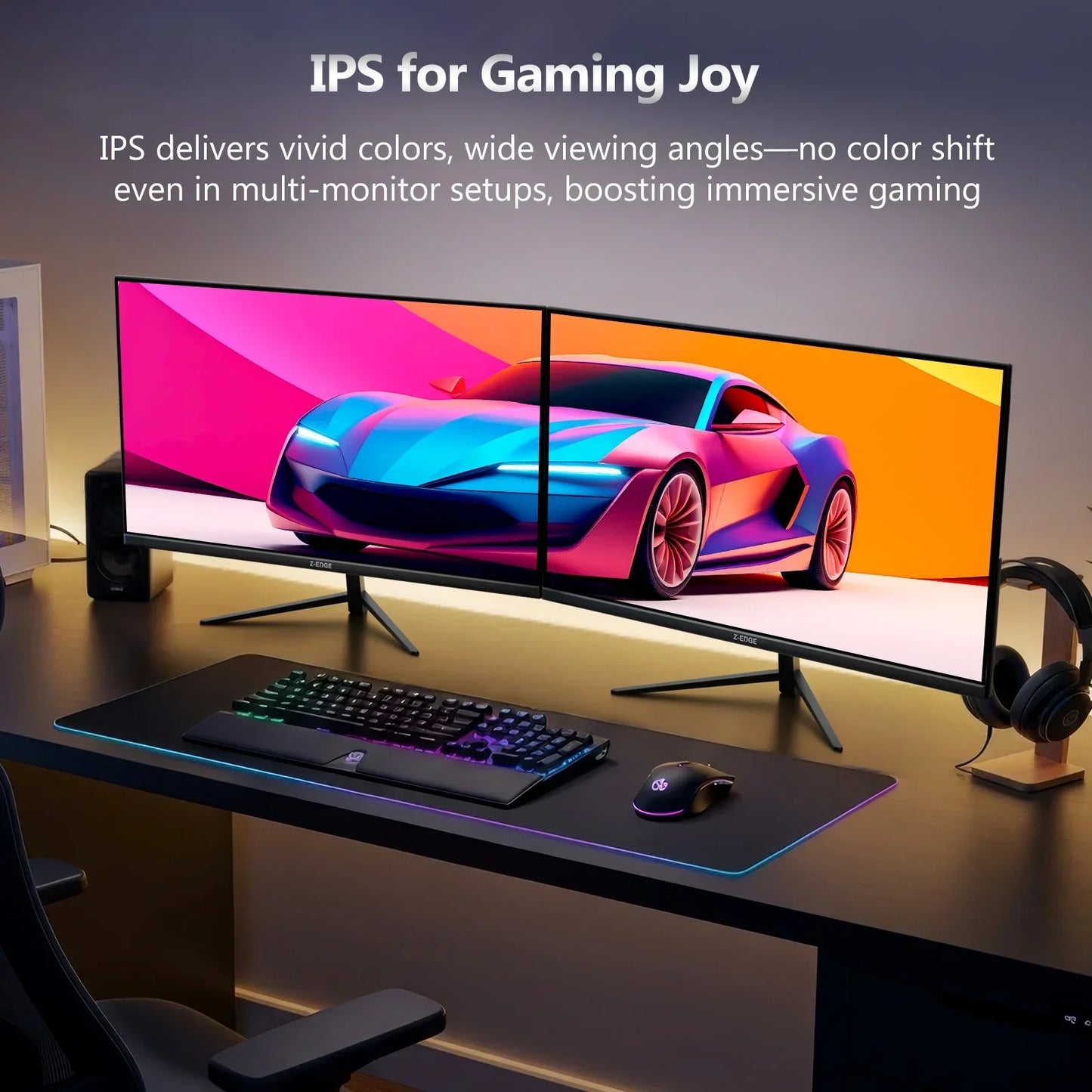 Dual Z-Edge curved gaming monitors showing a colorful sports car, RGB keyboard and mouse on desk with headphones