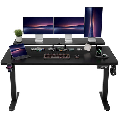55" Wide Home Office Electric Height Adjustable Standing Desk Lifting Range 28~46" Computer Desk with Monitor Stand,Brown