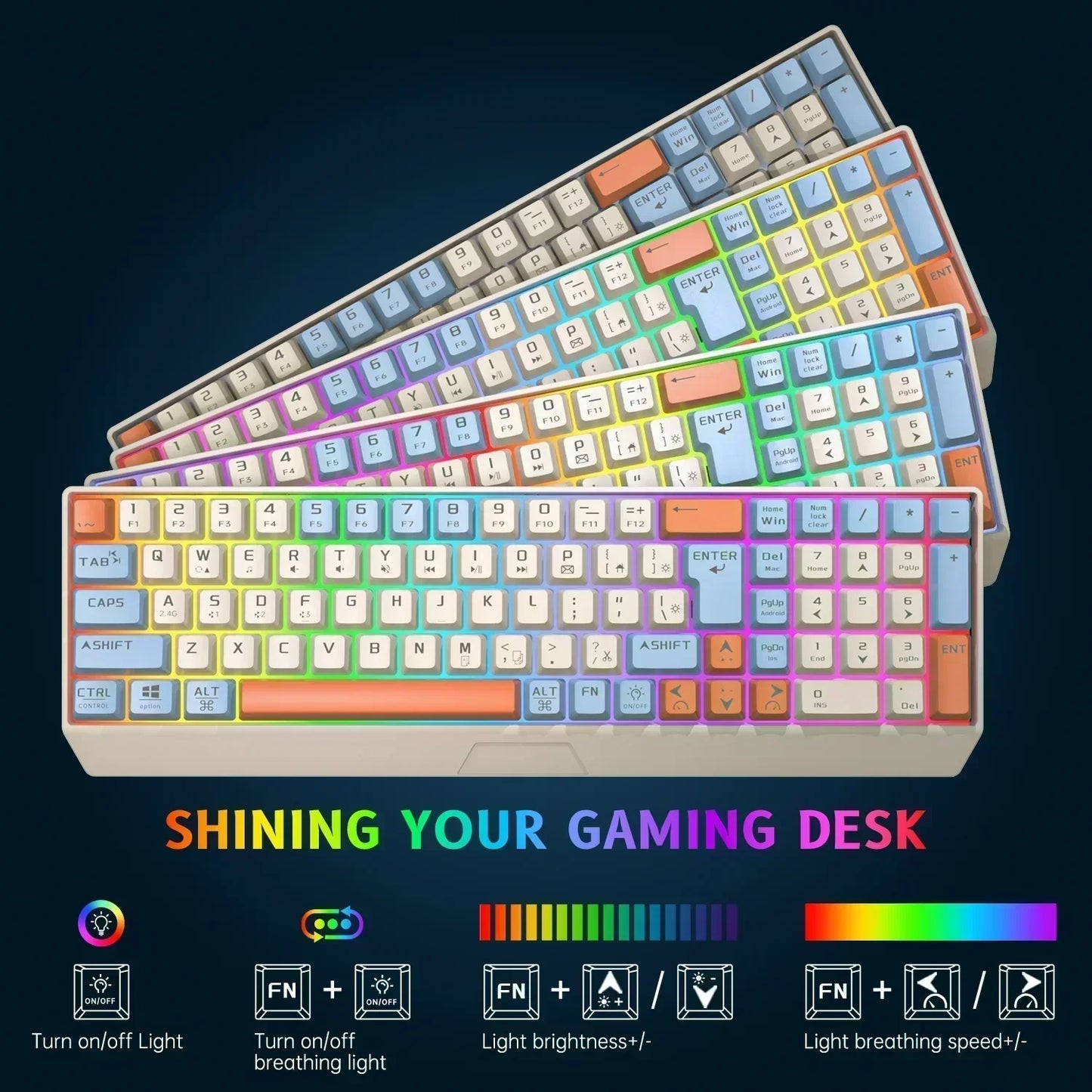 Wireless Gaming Keyboard and Mouse Combo 85 Key Rainbow Backlit, Rechargeable 2000Mah, Dual-Mode 2.4Ghz & BT5.0, Ergonomic Design for or Mac, Laptop, Desktop