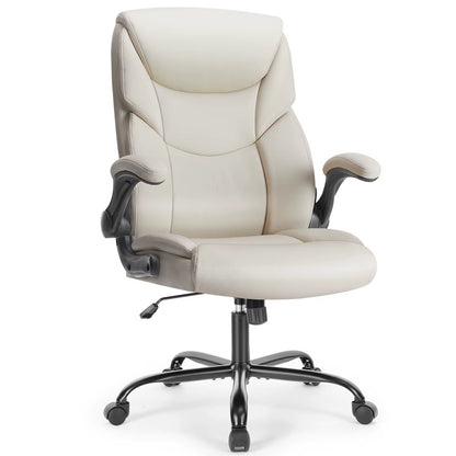 Cream leather gaming office chair with adjustable armrests and black base
