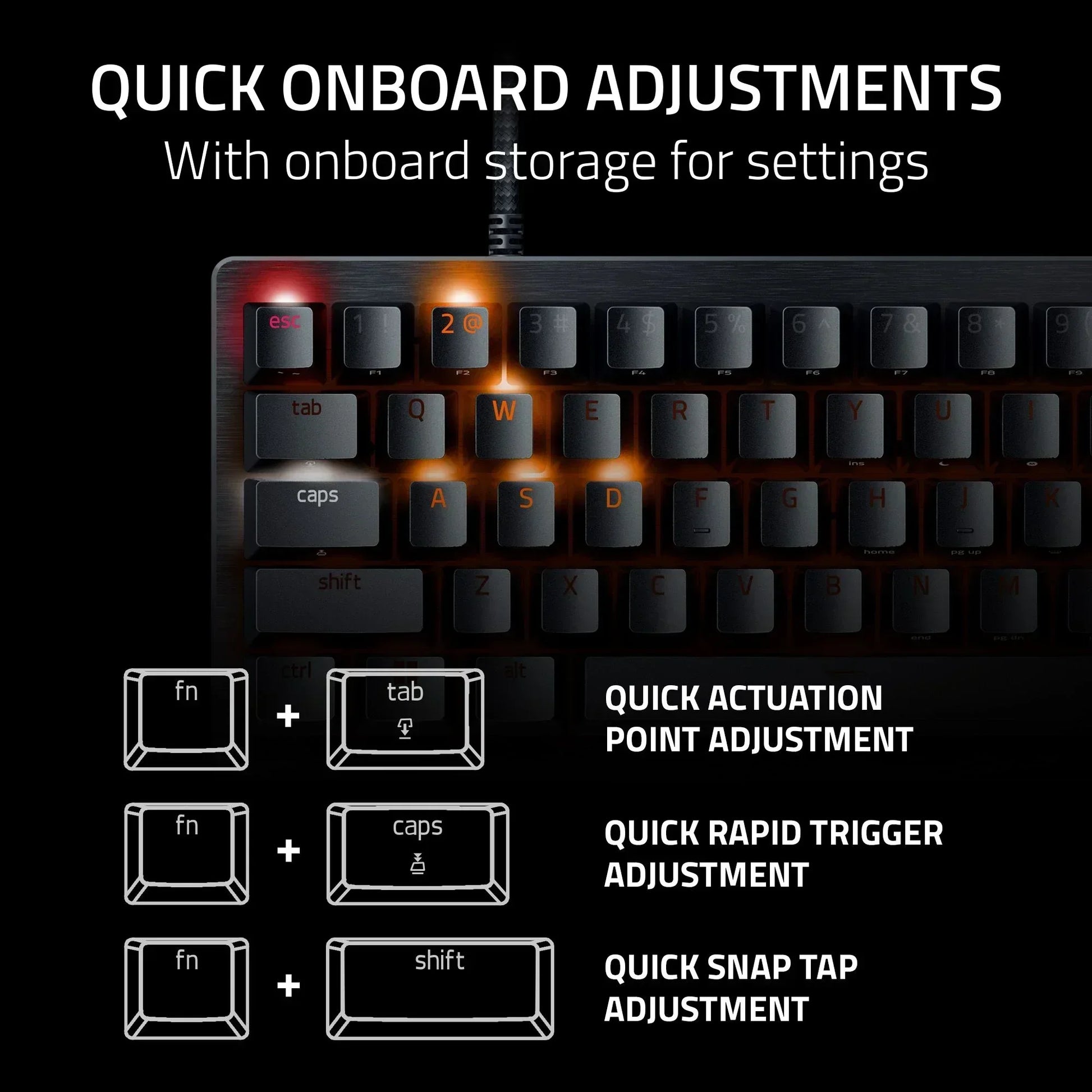 Gaming keyboard with orange backlit keys showing quick onboard adjustment shortcuts for rapid actuation, featured by Byte Style.