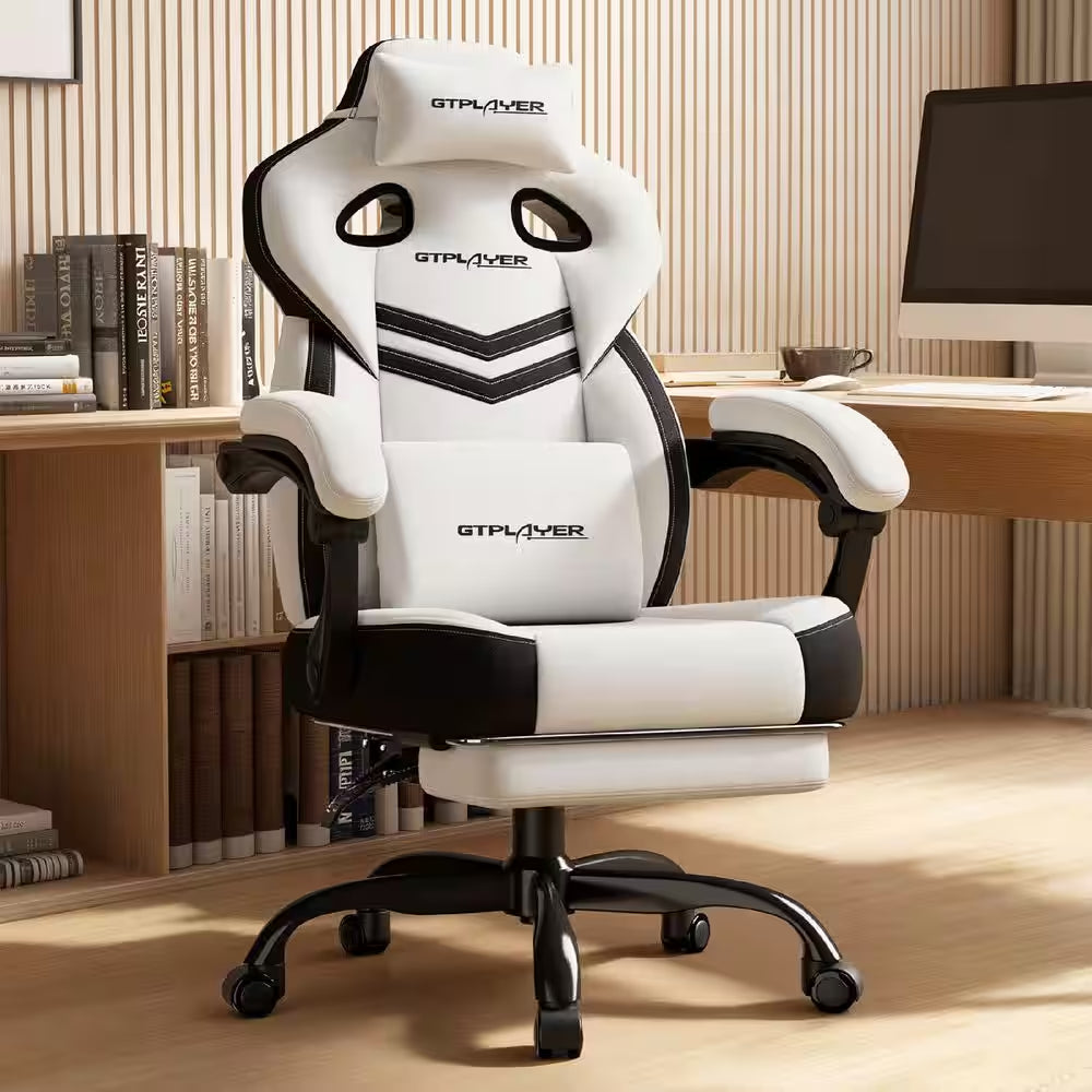 White and black GTPLAYER gaming chair with lumbar support, perfect for PC setup and long gaming sessions.