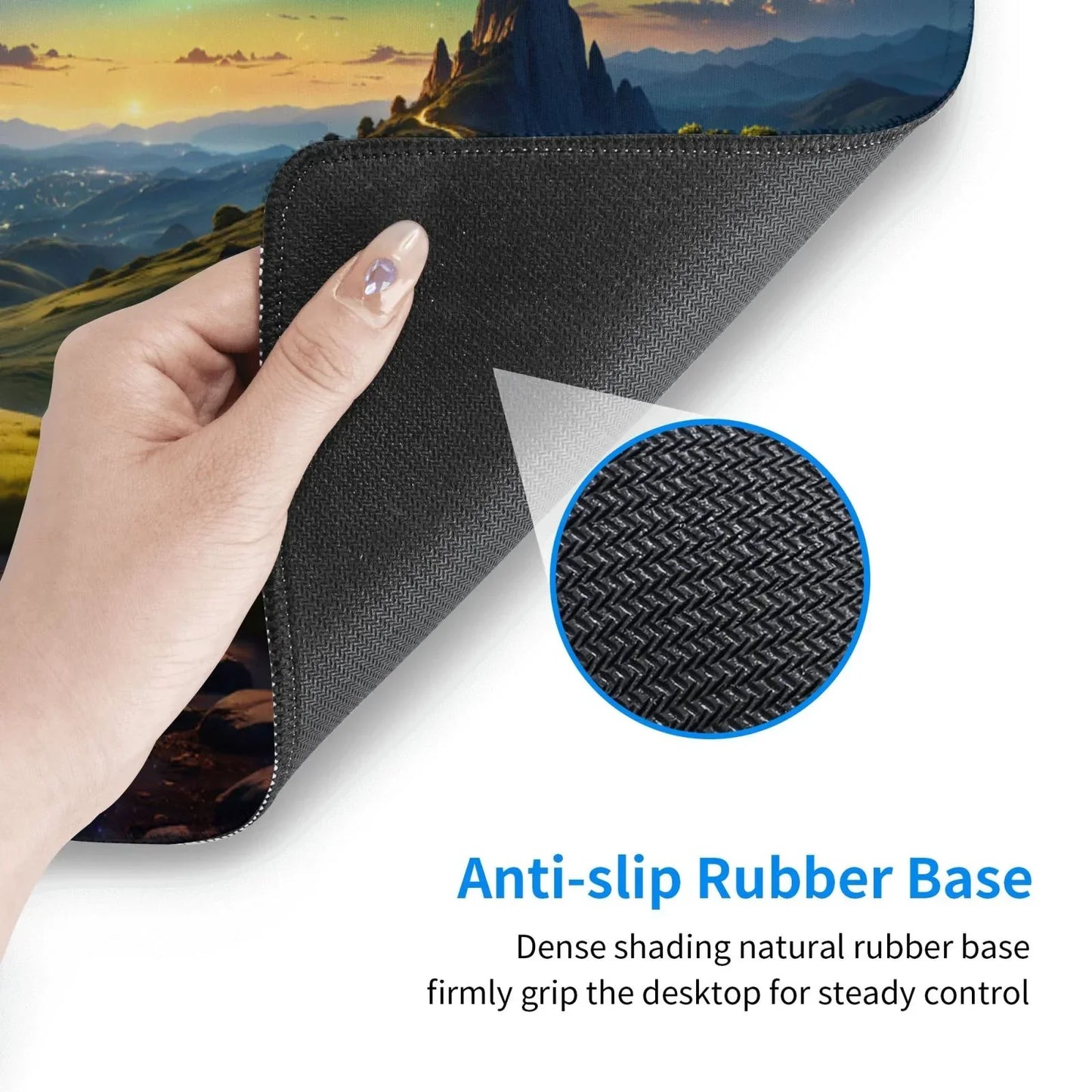 Hand lifting corner of a gaming mouse pad showing anti-slip textured rubber base with close-up inset