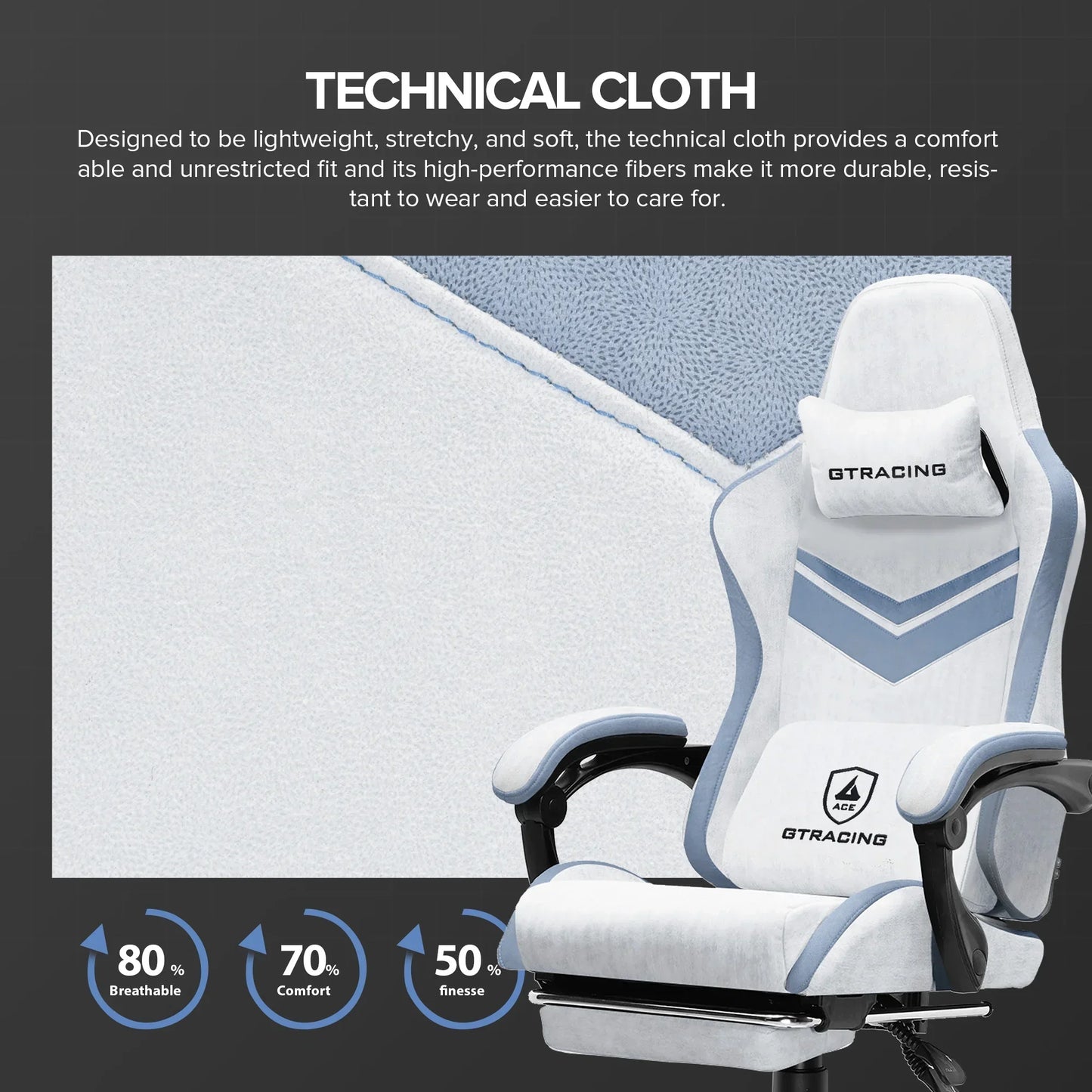 White and light blue GTRACING gaming chair with technical cloth fabric showcasing breathability and comfort features