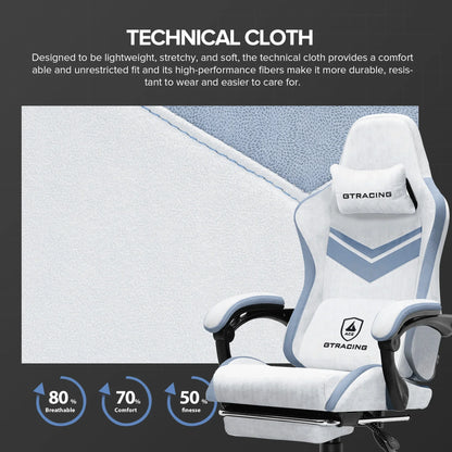 White and light blue GTRACING gaming chair with technical cloth fabric showcasing breathability and comfort features