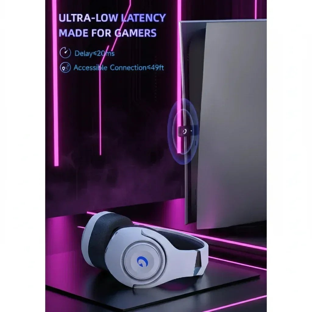 Wireless gaming headset with ultra-low latency beside a gaming PC in neon-lit setup
