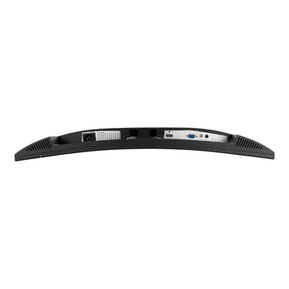 Curved black monitor back view showing power, HDMI, VGA, audio ports and ventilation grills
