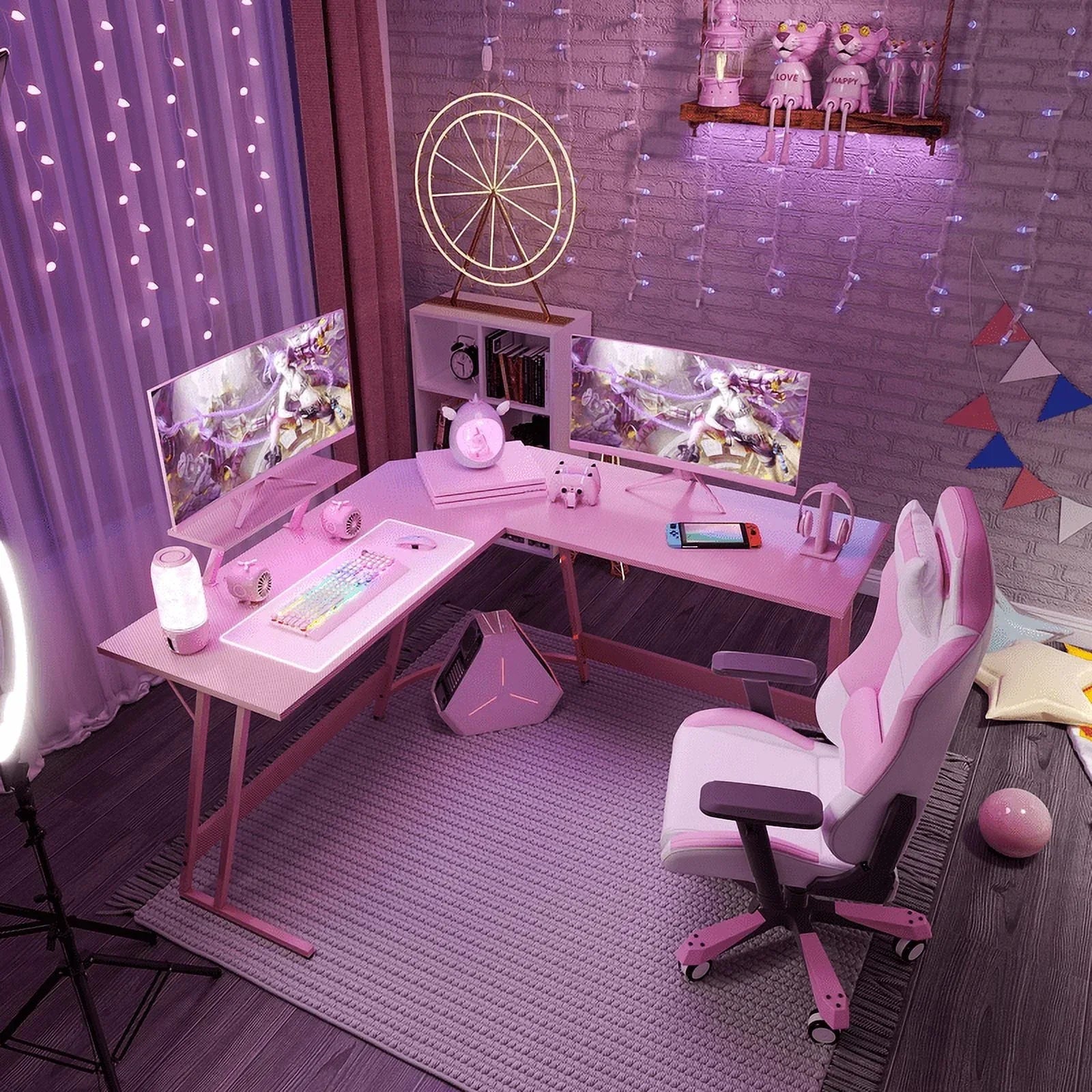 L-Shaped Gaming Desk 51.2 Inches Corner Office Gaming Desk with Removable Monitor Riser, Pink