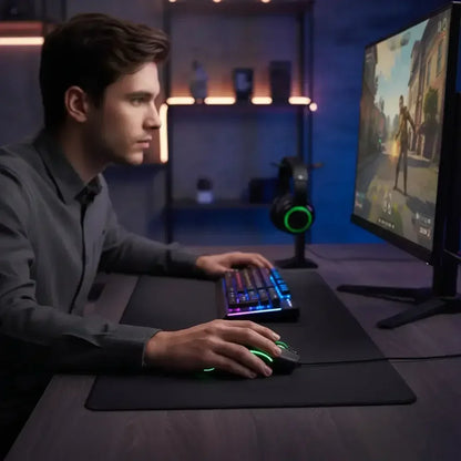 Young man focused on playing shooter video game on RGB keyboard and mouse setup in dark room