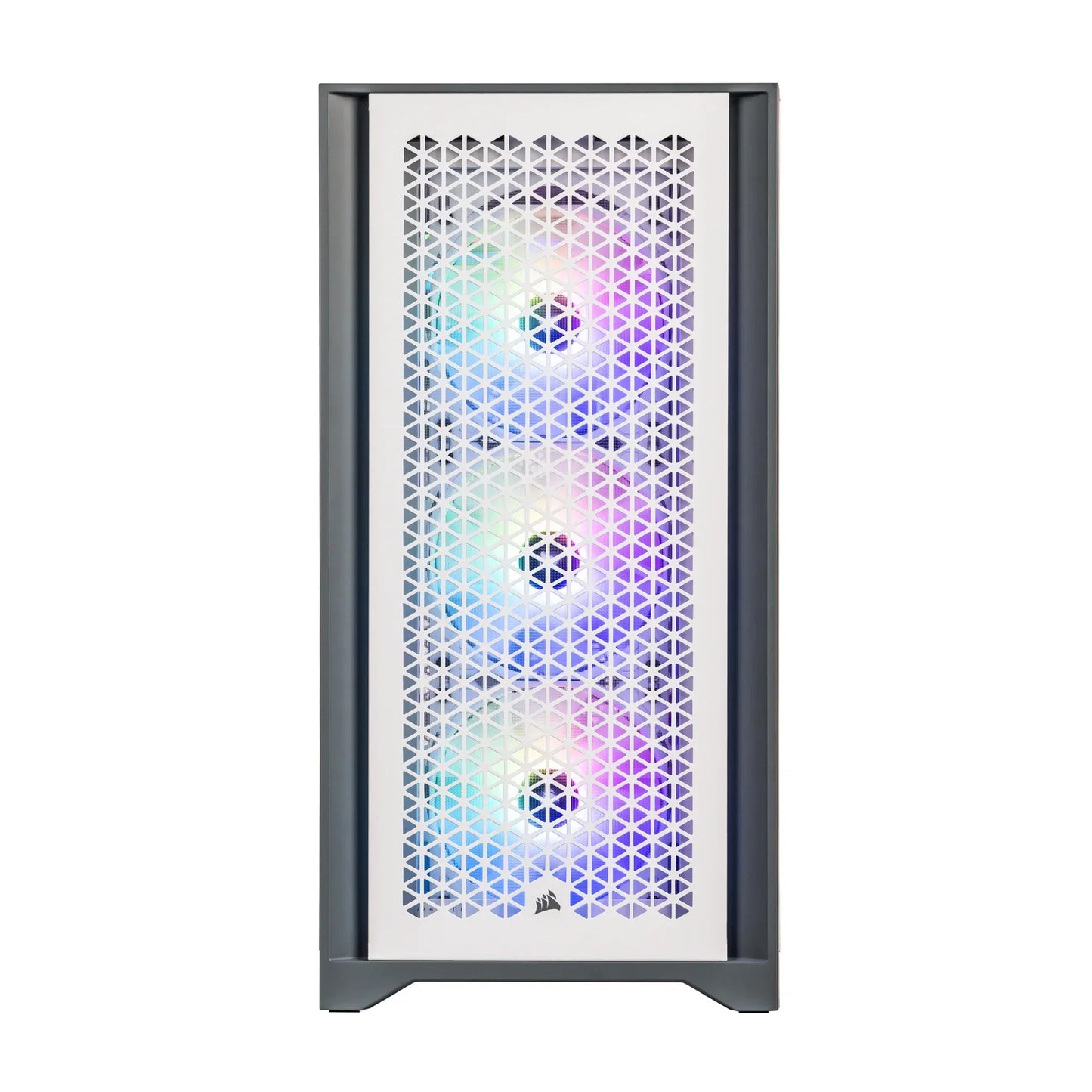 Gaming PC case with white honeycomb front panel and three RGB fans glowing blue, purple, and green