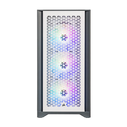 Gaming PC case with white honeycomb front panel and three RGB fans glowing blue, purple, and green
