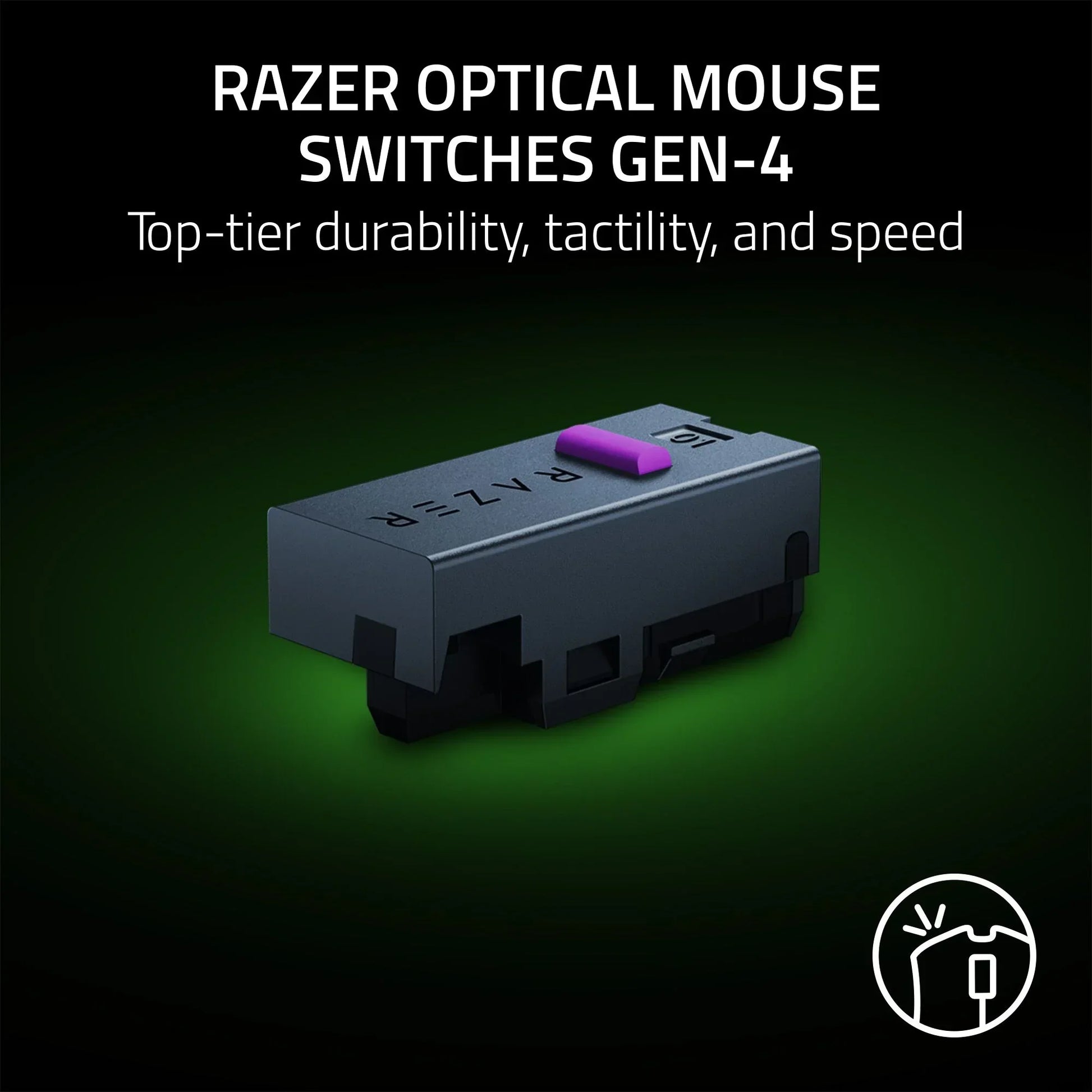 Razer Optical Mouse Switch Gen-4 highlighted with green glow, emphasizing durability and speed