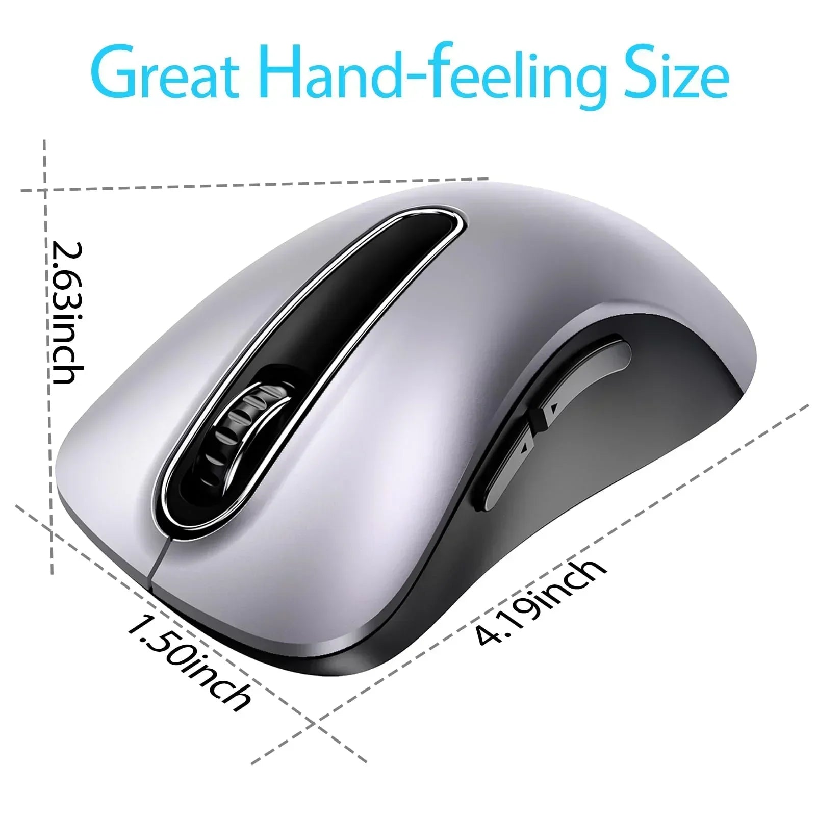 Ergonomic silver gaming mouse with side buttons, showing dimensions in inches.