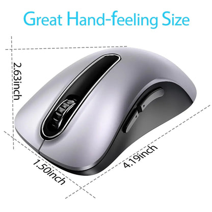Ergonomic silver gaming mouse with side buttons, showing dimensions in inches.